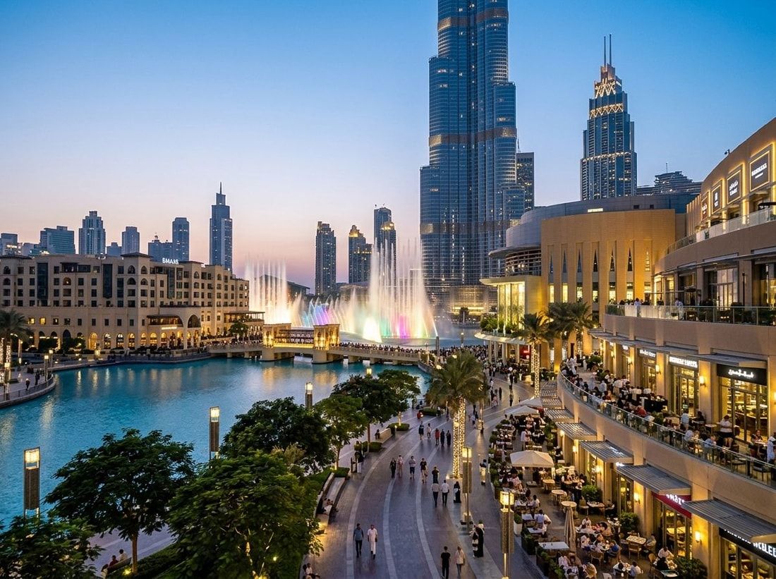 Dubai Fountain i bulwar z restauracjami o zmierzchu
