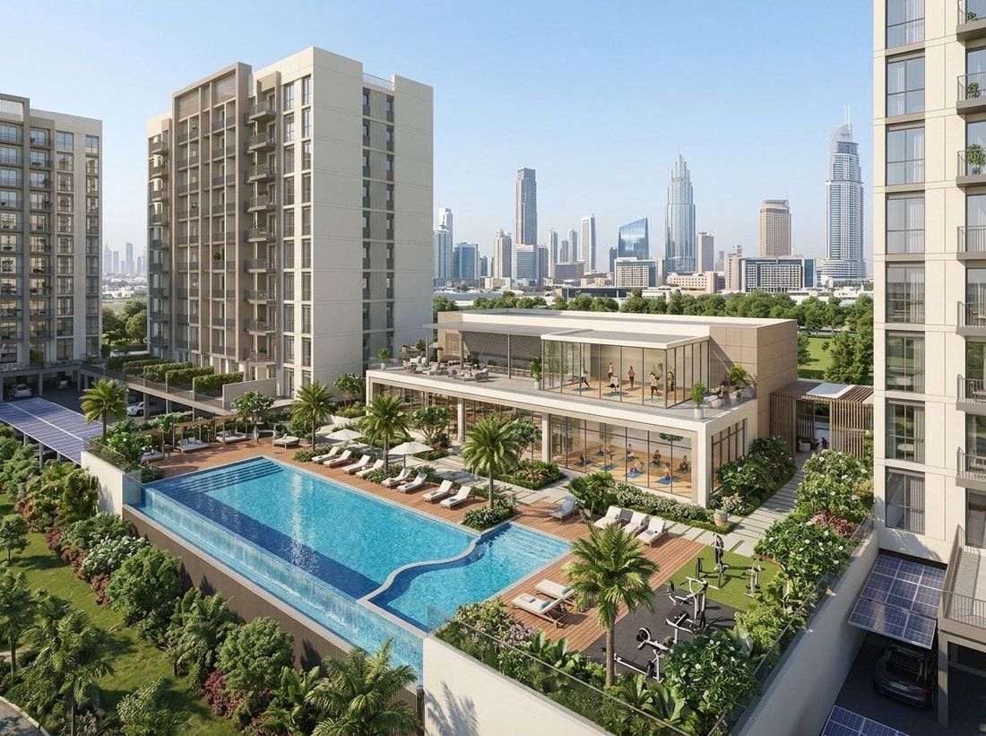 Podium z basenem, studiem jogi i zielenią w The Haven Residences
