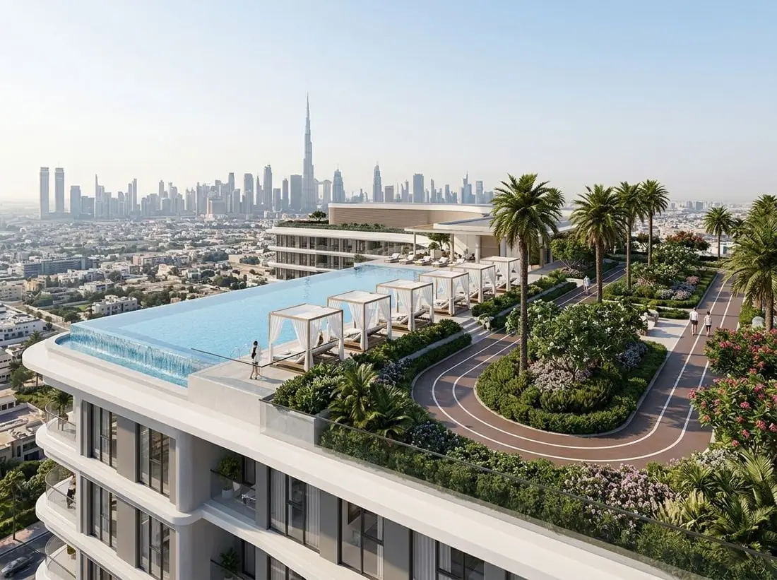 Ogród na dachu z basenem i bieżnią w Trussardi Residences Phase II