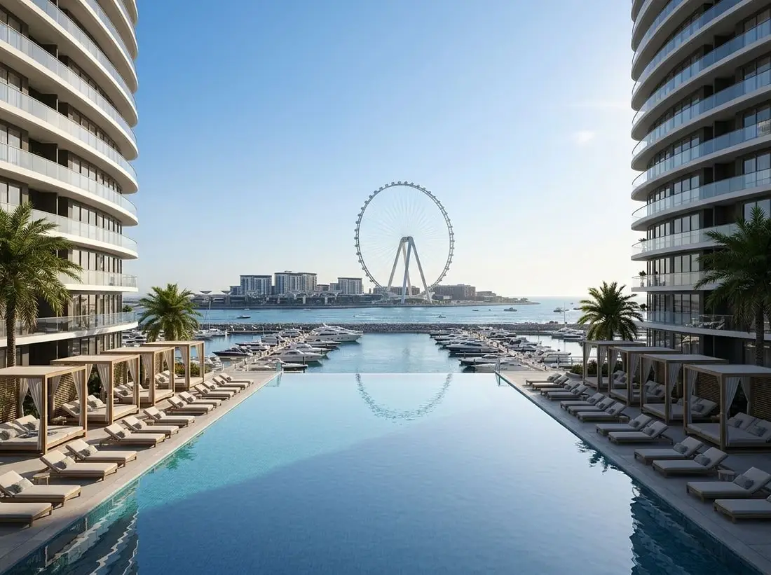 Taras z basenem nad marina i Ain Dubai