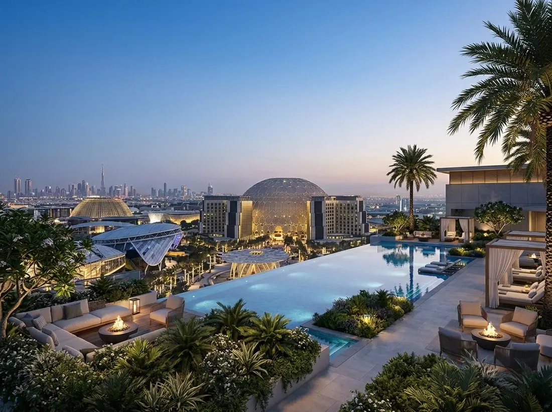 Taras na dachu z basenem i loungem w Sky Residences