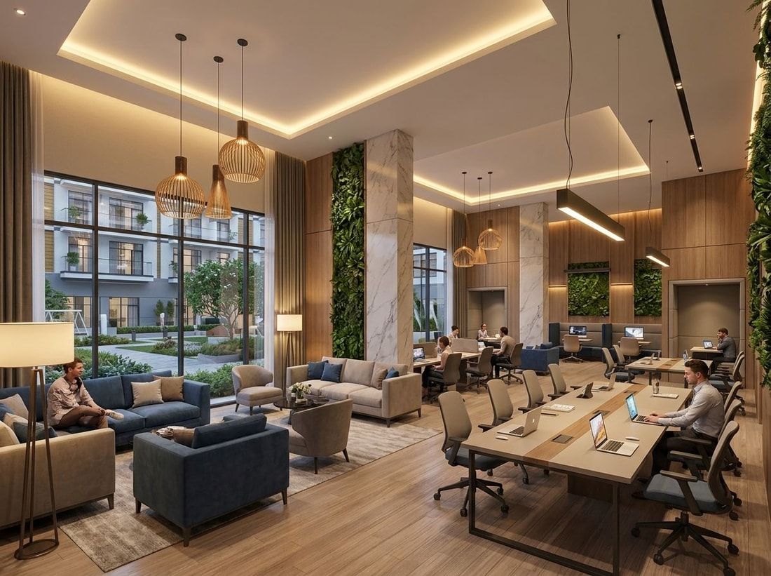 Nowoczesne lobby z loungem i strefą co-workingu
