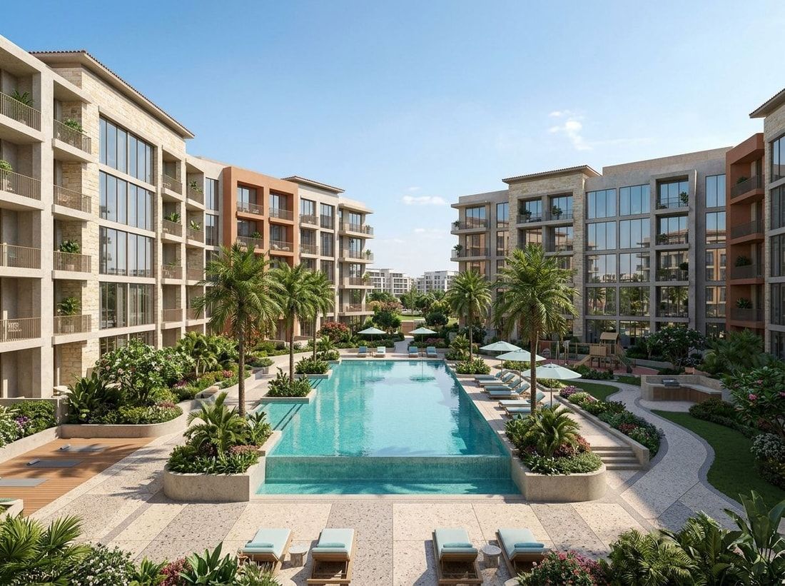 Zielony dziedziniec z basenem w Terrazzo Residences