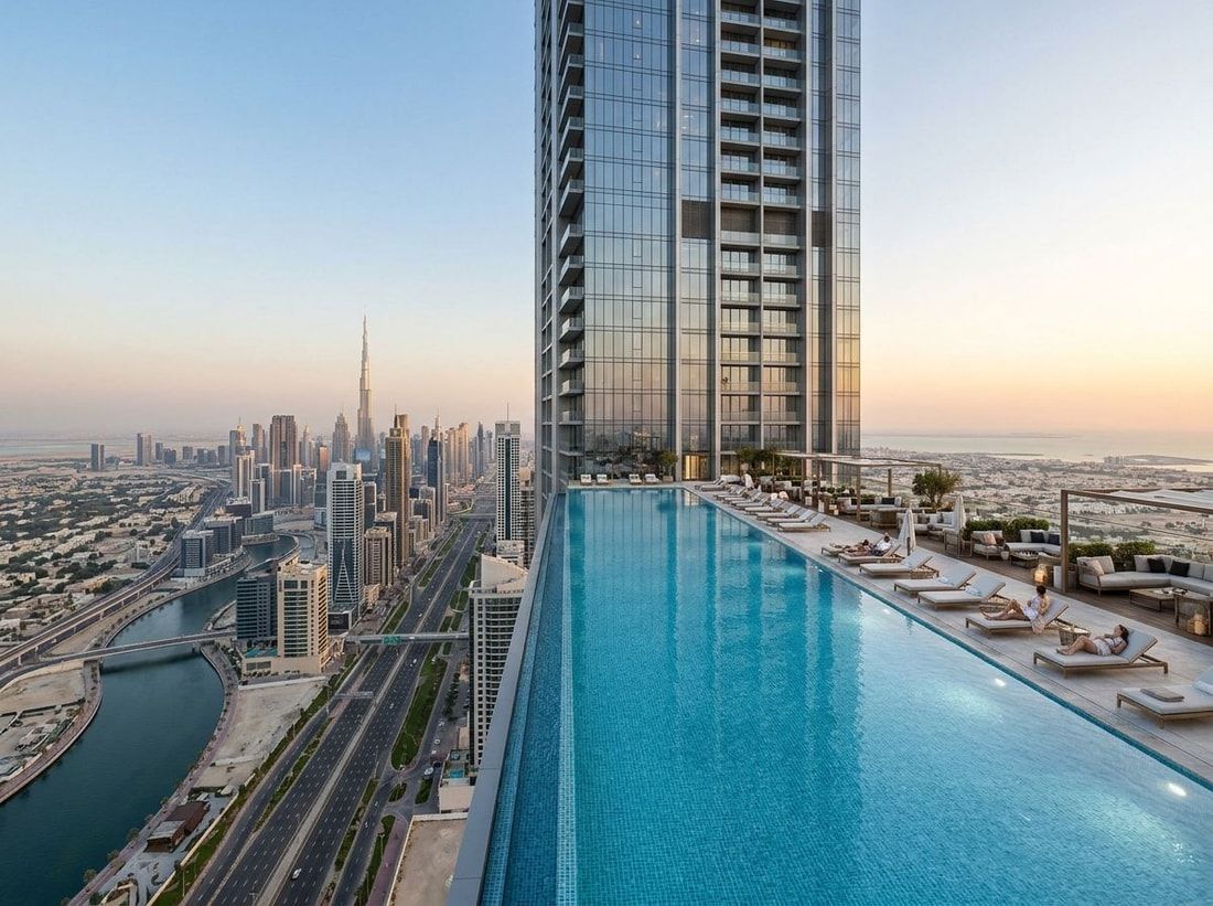 Basen i lounge wysoko w wieży Al Habtoor Tower