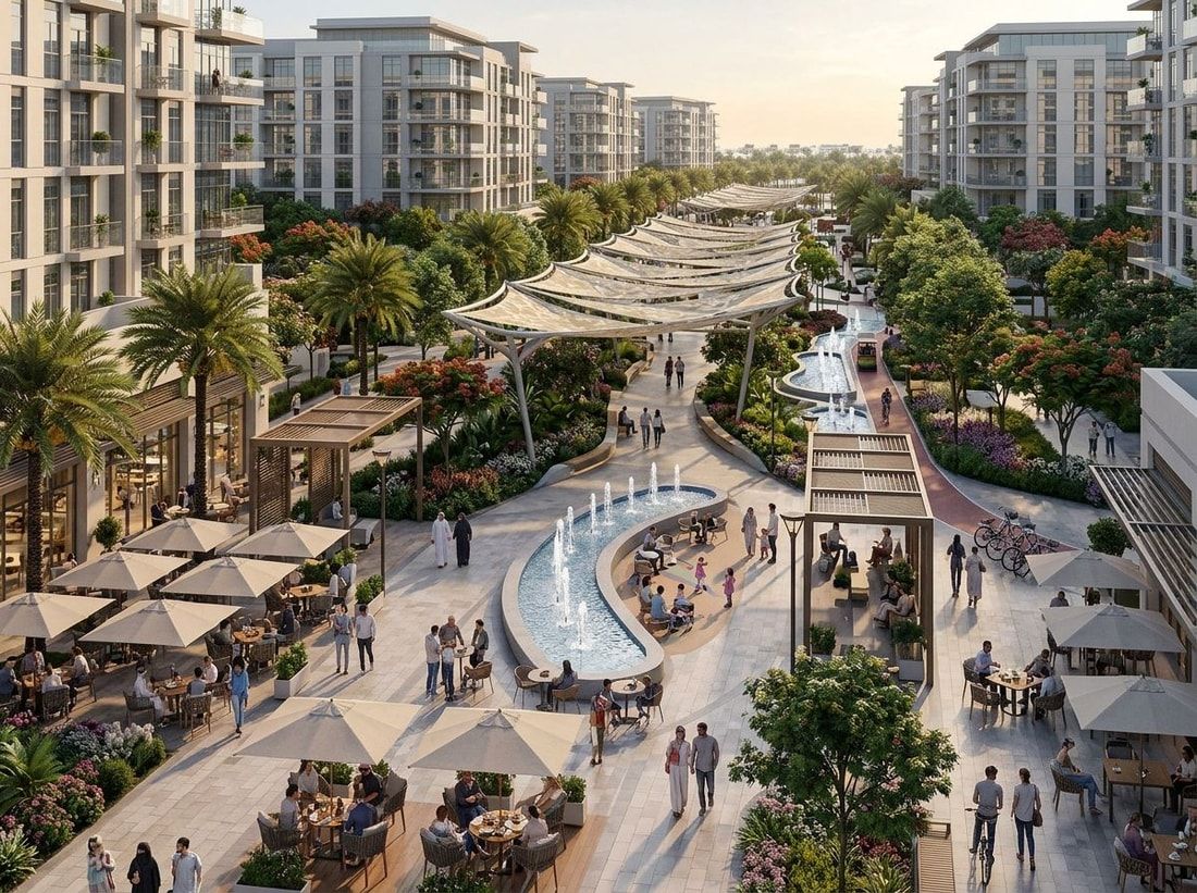 Bulwar z kawiarniami, fontannami i zacienionymi alejami w Town Square