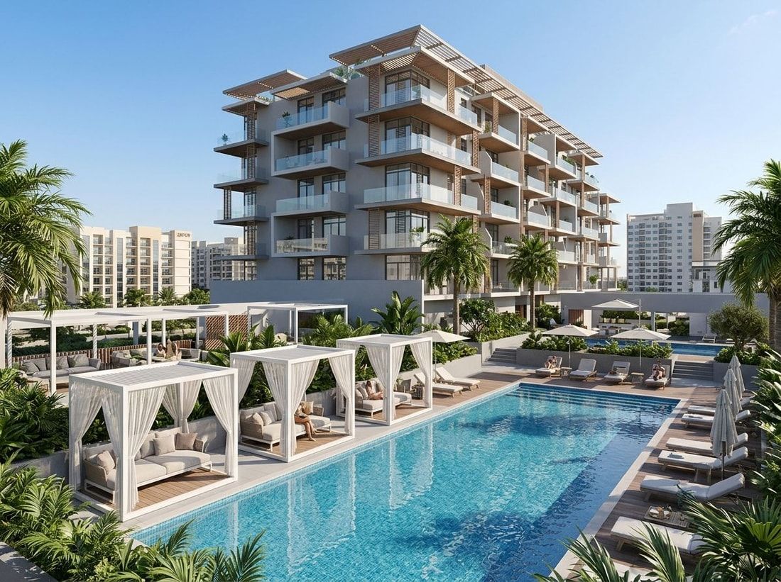 Strefa basenowa w stylu resort z kabanami i zielenią