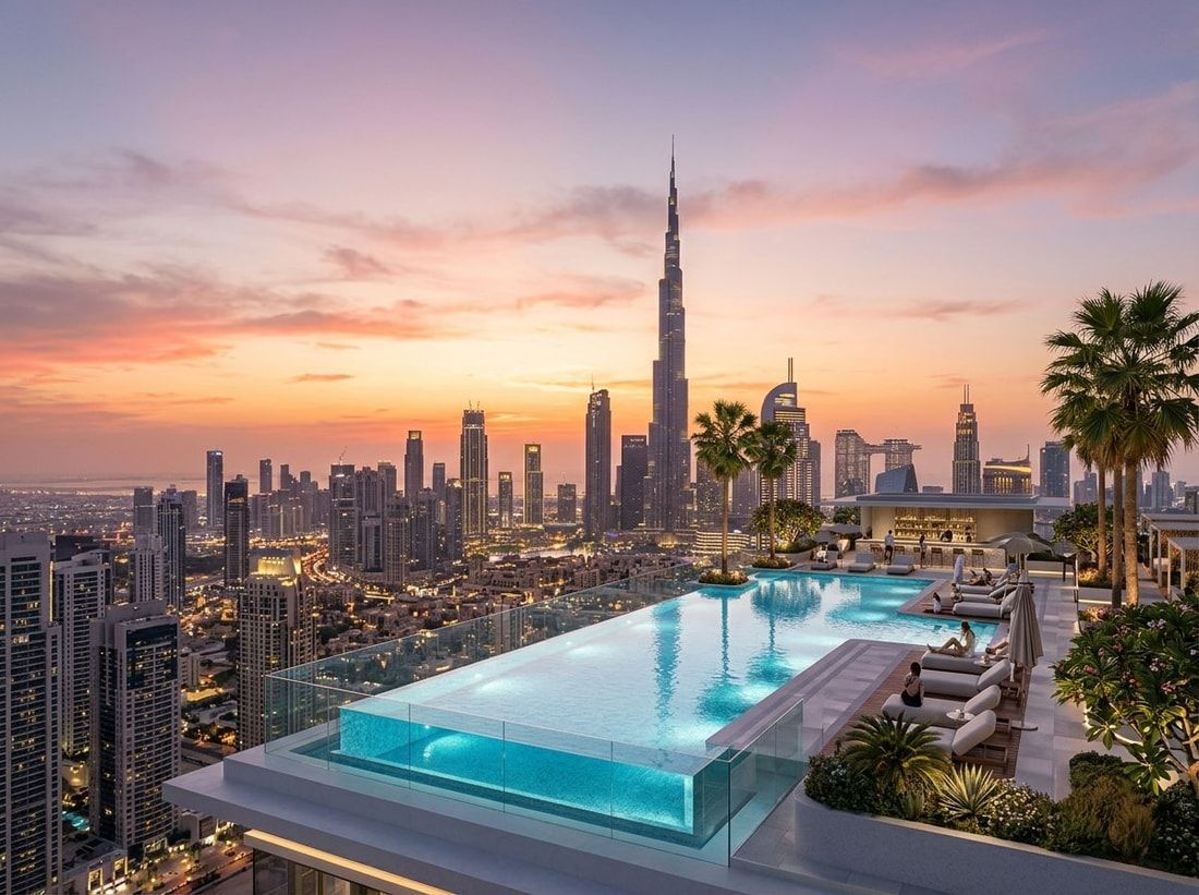 Basen na dachu i lounge wysoko nad Dubajem w Elaris Sky