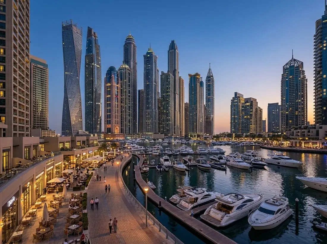 Promenada Dubai Marina z restauracjami i jachtami o zmierzchu