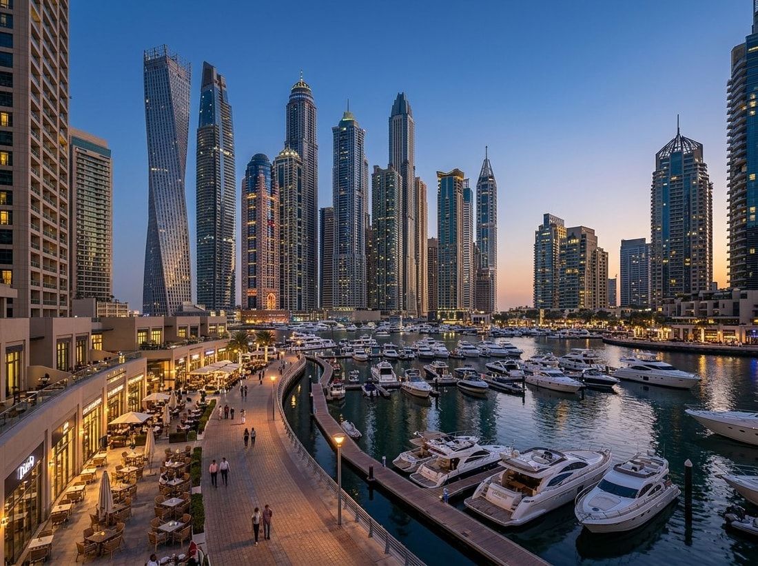Promenada Dubai Marina z restauracjami i jachtami o zmierzchu