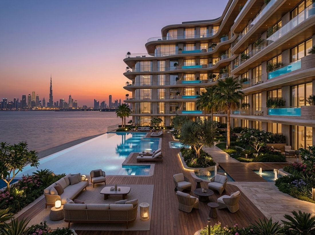 Nadmorski basen infinity i strefa wypoczynku na Dubai Islands o zmierzchu