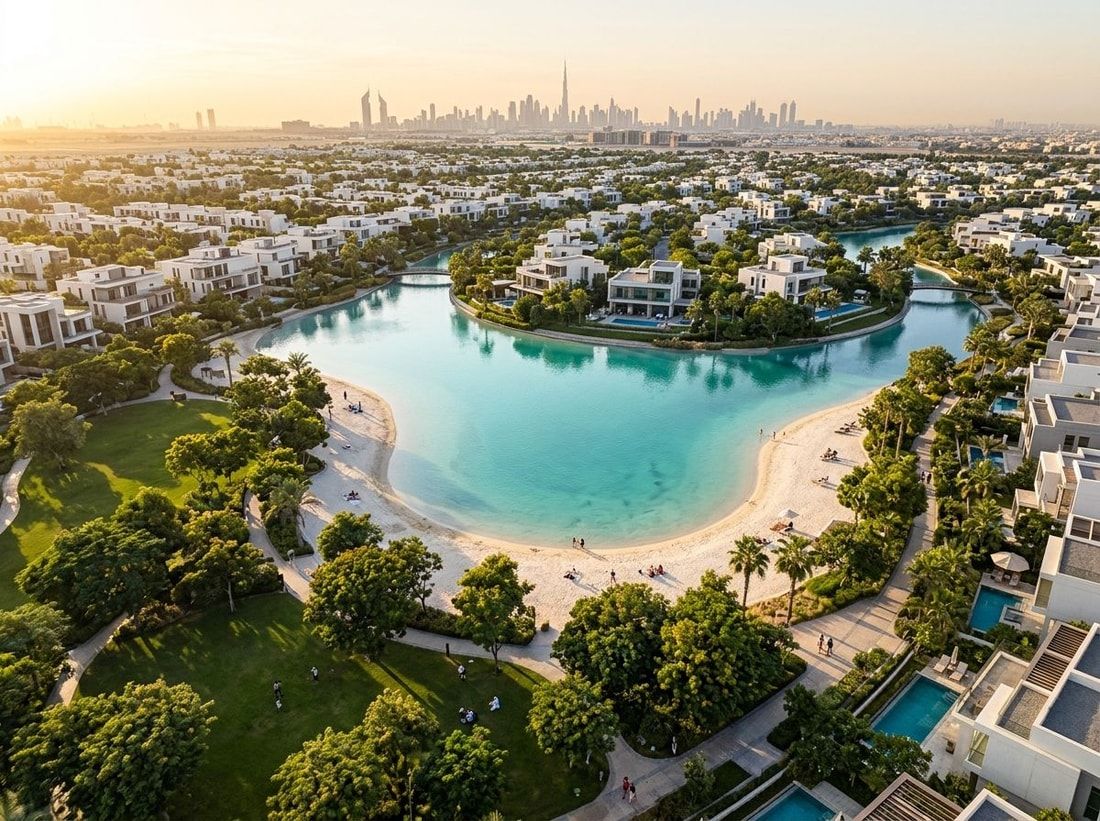 Laguna z piaszczystym brzegiem i park w społeczności willowej