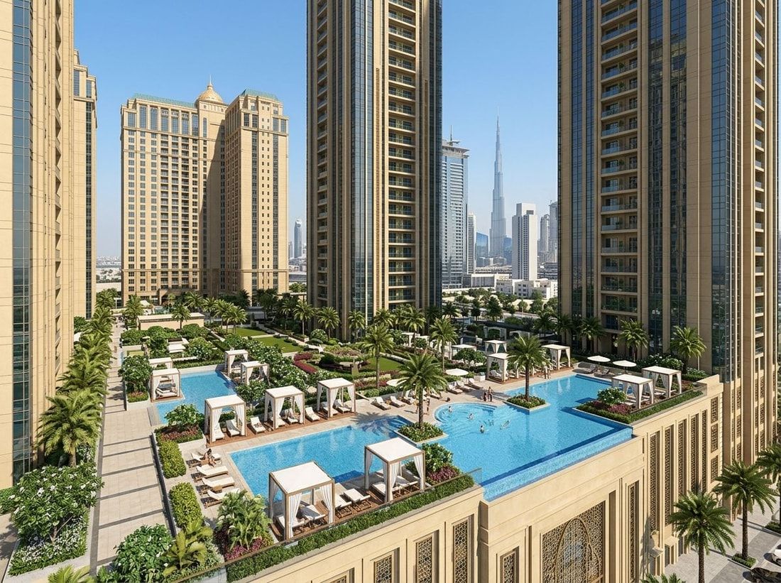 Taras z basenami społecznymi i zielenią w Al Habtoor City