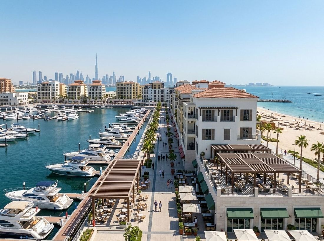 Marina, plaża i promenada z kawiarniami w Port de la Mer