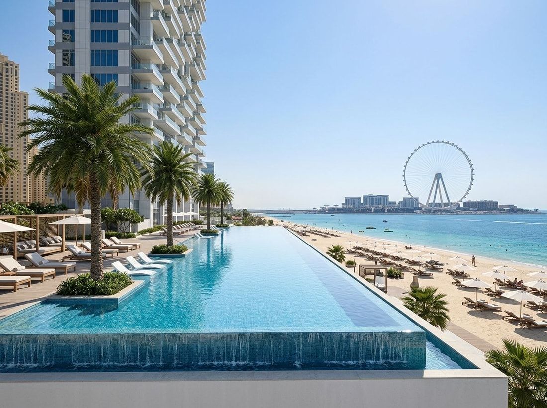 Taras basenowy z widokiem na plażę i morze w 1/JBR