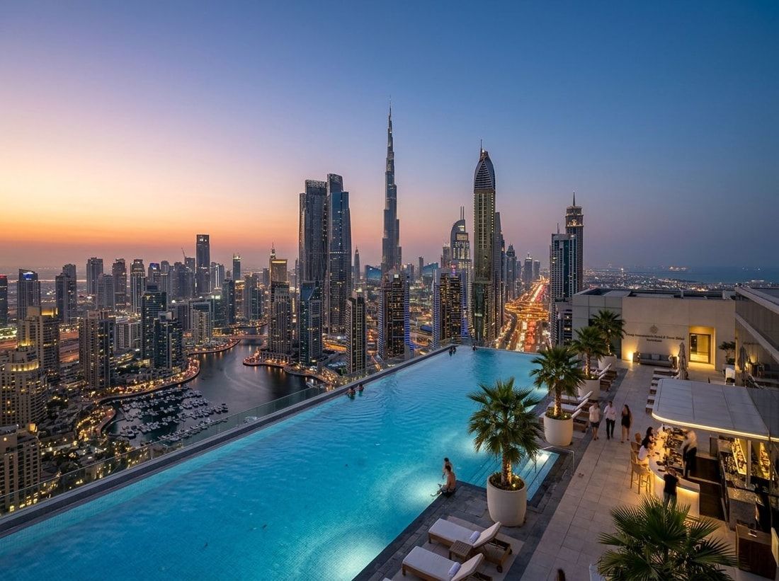 Basen na dachu wysoko nad Dubajem w wieży Trump