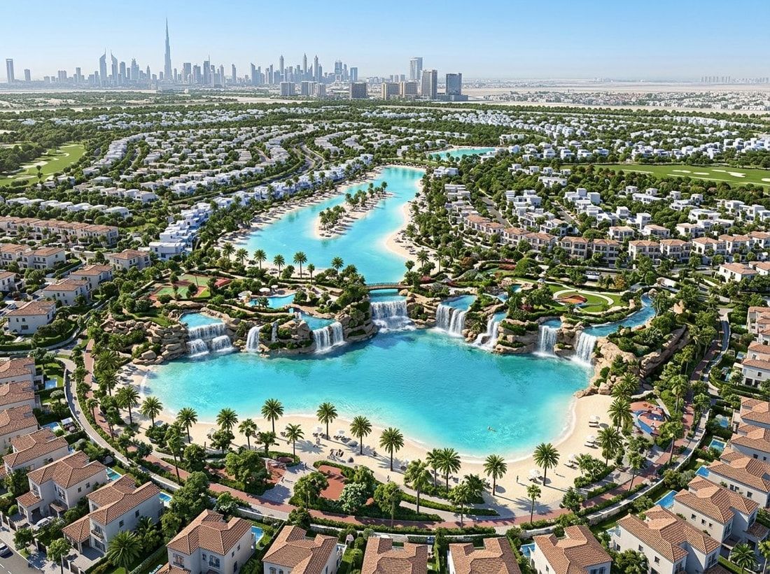 Turkusowa plaża, wodospady i zieleń w DAMAC Lagoons