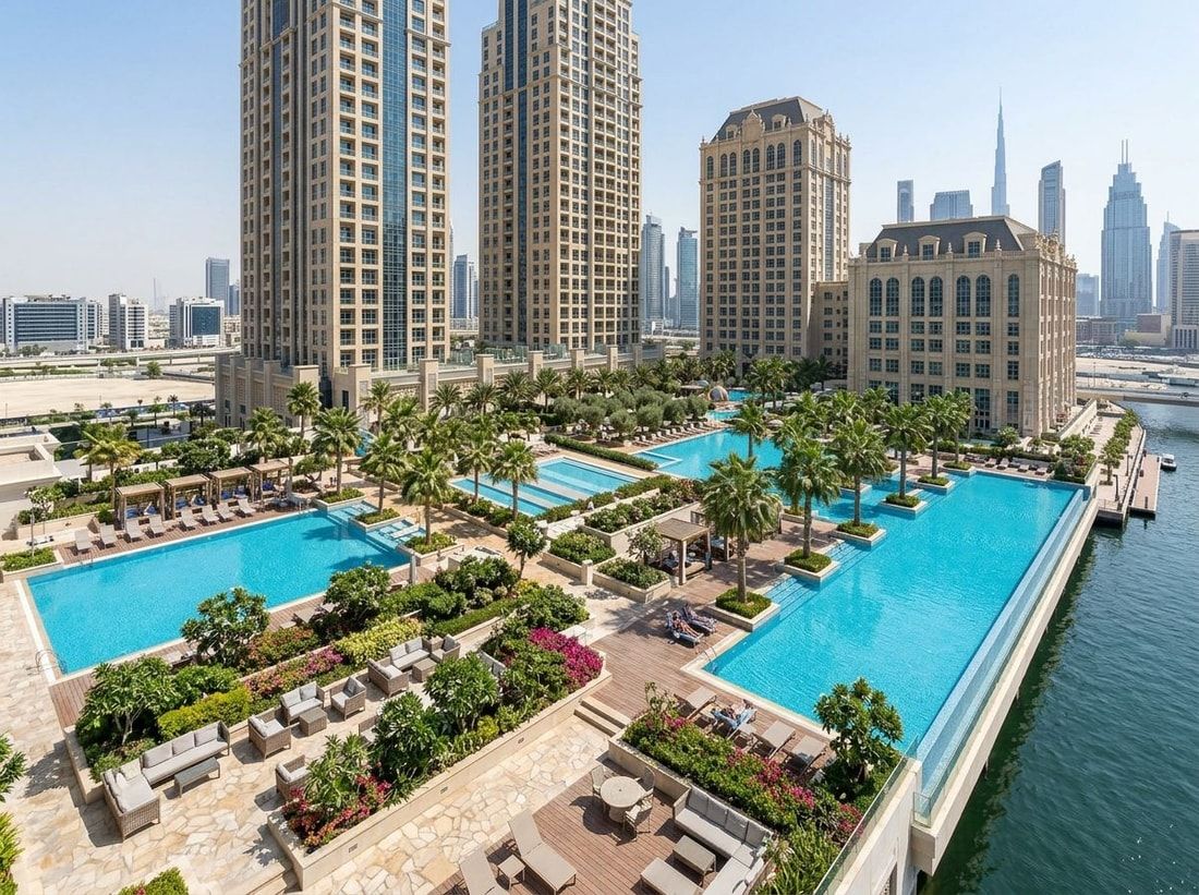 Taras basenowy z ogrodami między wieżami Al Habtoor City