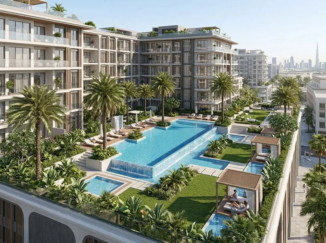 Ogrodowy taras z basenem w zieleni w Olivia Gardens Residence
