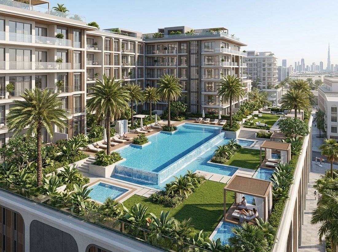 Ogrodowy taras z basenem w zieleni w Olivia Gardens Residence