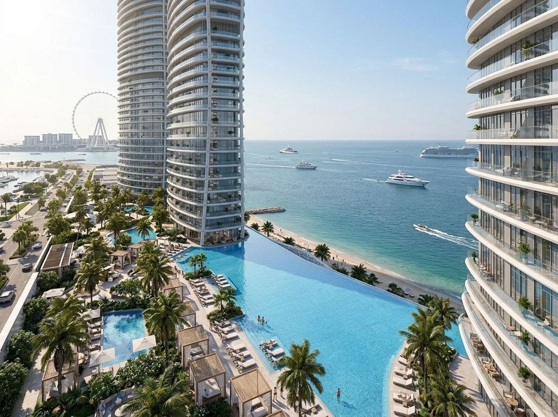 Infinity pool i beach club nad morzem w DAMAC Bay