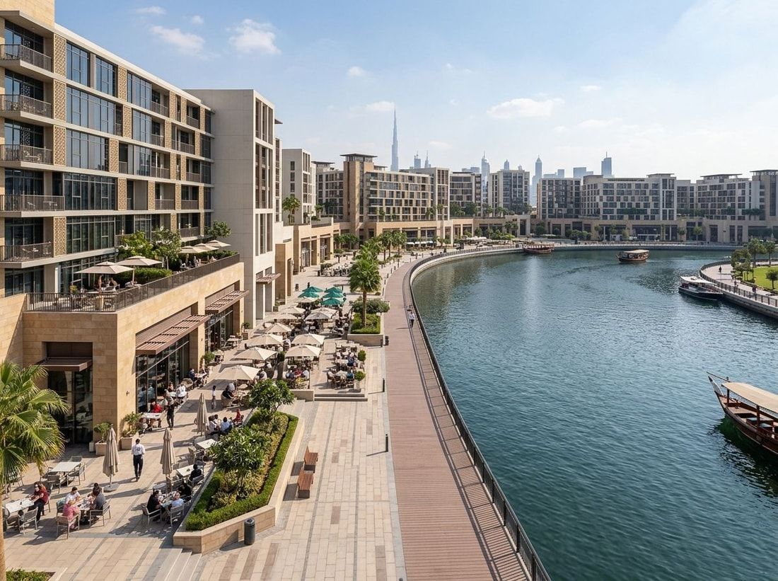 Deptak przy kanale z kawiarniami i restauracjami w Dubai Wharf