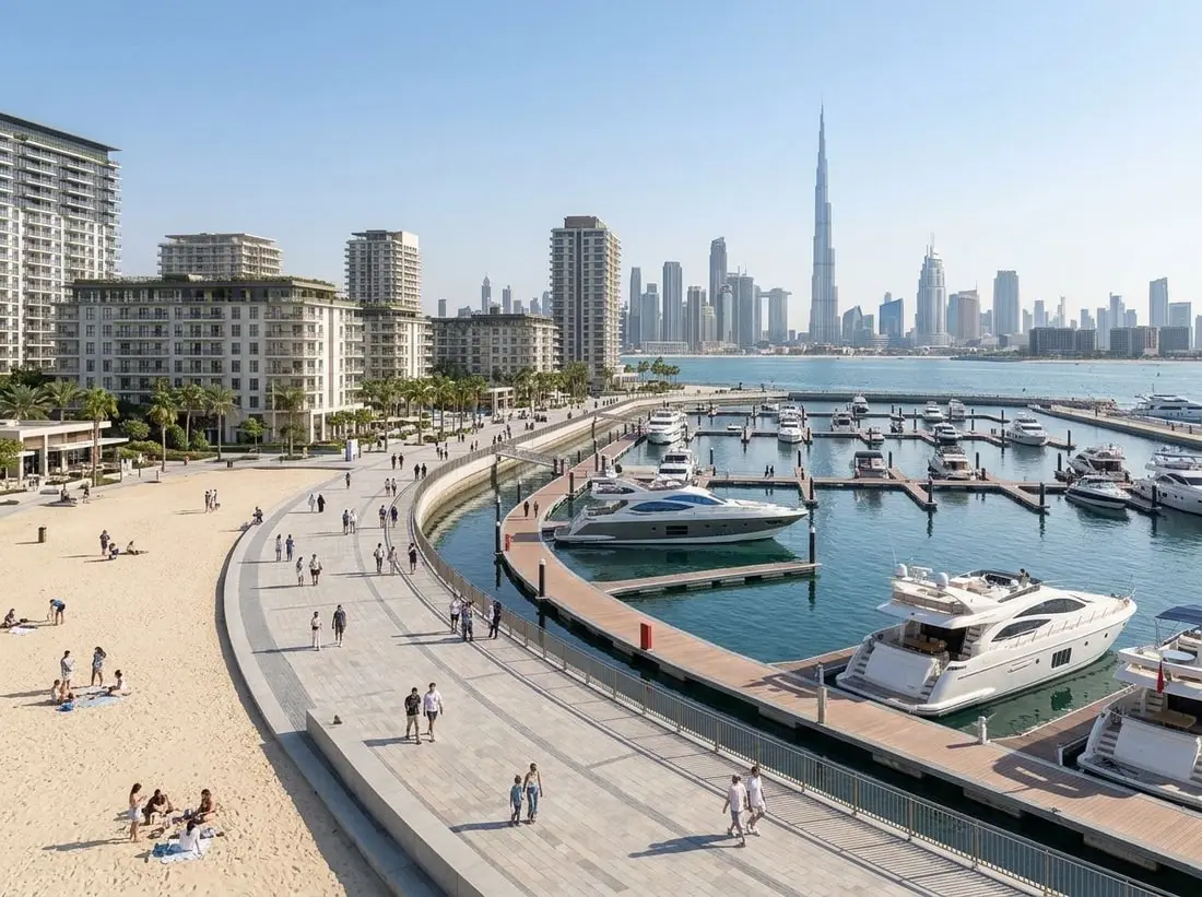 Promenada z jachtami i plażą przy Rashid Yachts & Marina