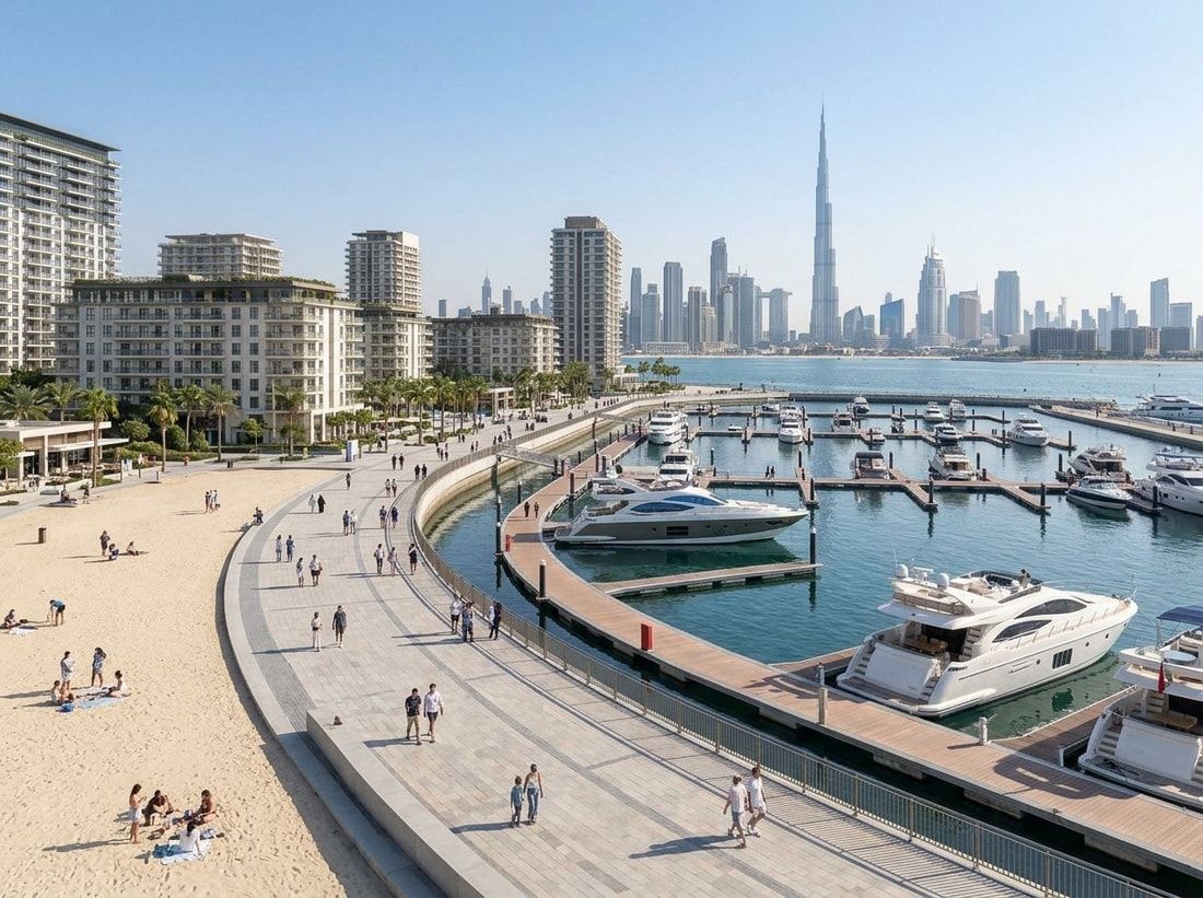 Promenada z jachtami i plażą przy Rashid Yachts & Marina