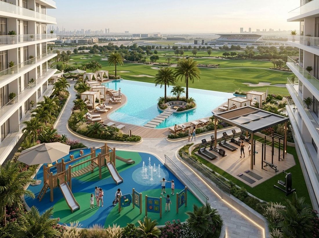Basen, plac zabaw i strefa fitness w Golf Residences