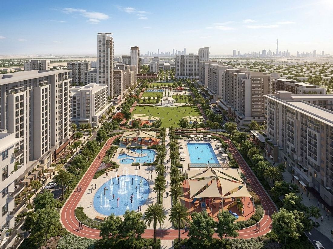 Park z trasami biegowymi, basenami i placami zabaw w Town Square Dubai