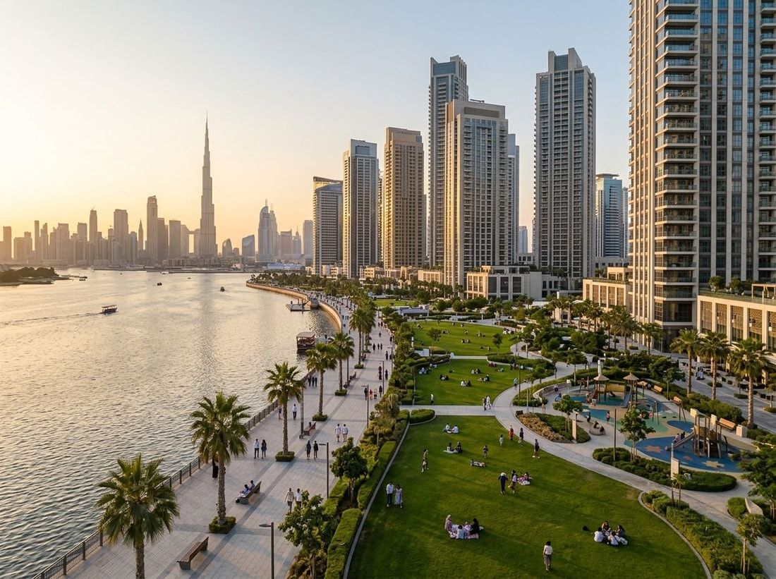 Nadbrzeżna promenada i parki nad Dubai Creek o zachodzie