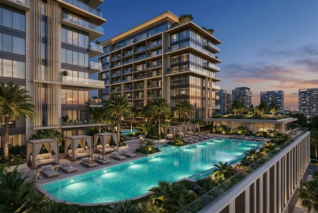 Resort-style basen z leżakami i zielenią na podium Everly Place o zmierzchu