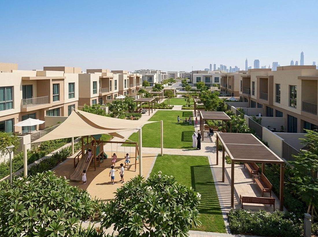 Ogród z placem zabaw i trawnikami między domami w Gardenia Townhomes