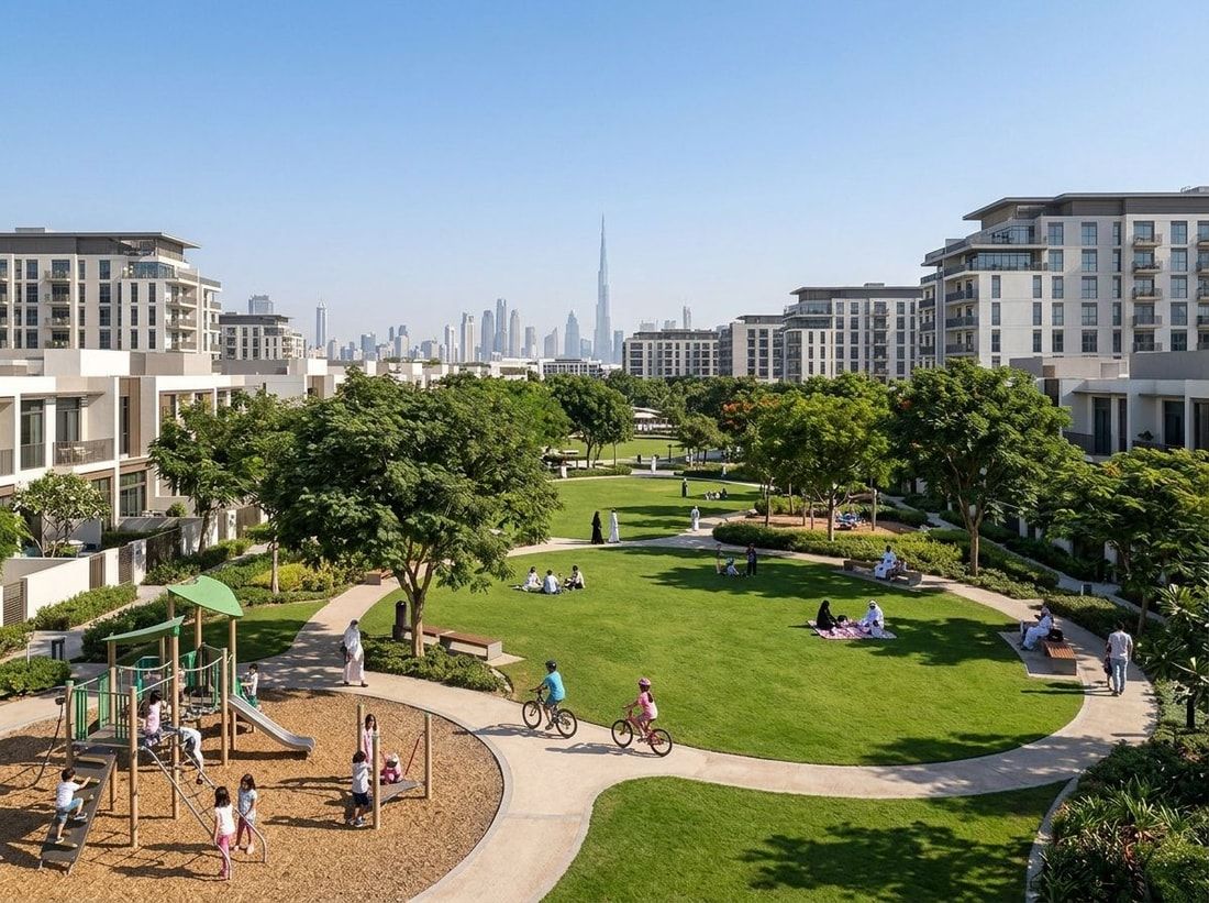 Dubai Hills Park z trawnikami, drzewami i strefami dla rodzin