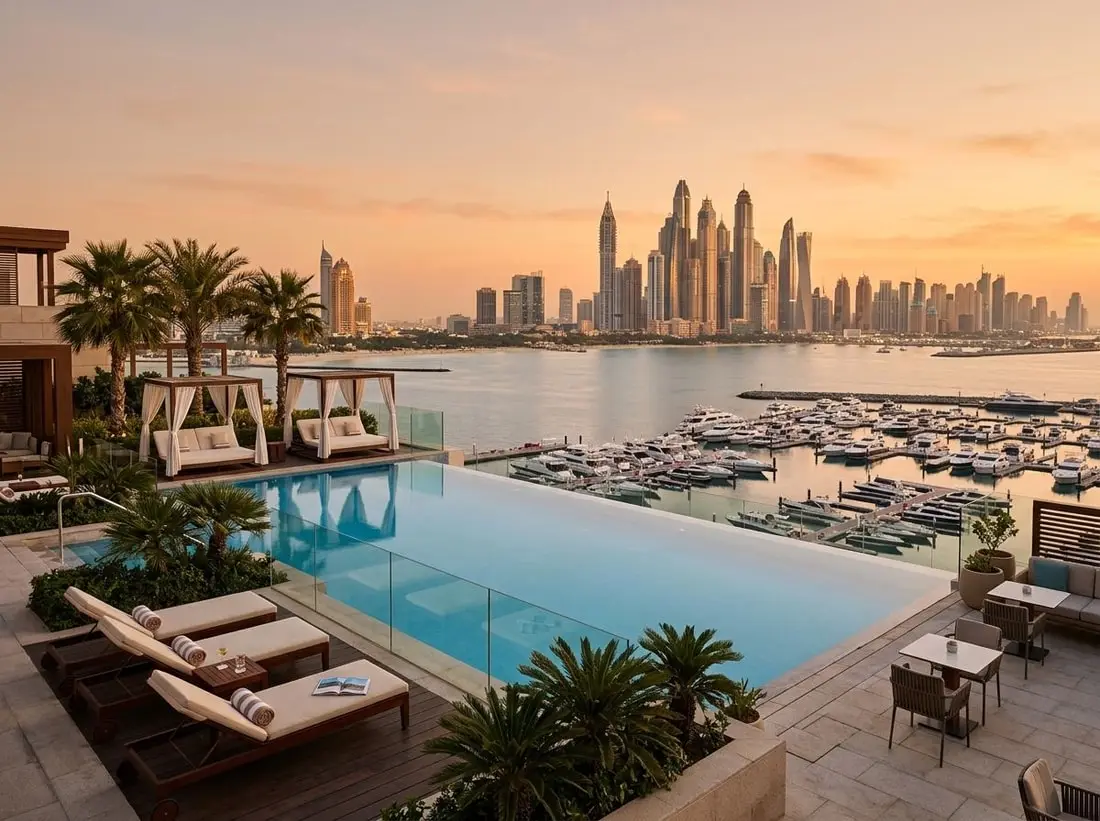 Rooftopowy basen infinity nad morzem i mariną w W Residences Dubai Harbour