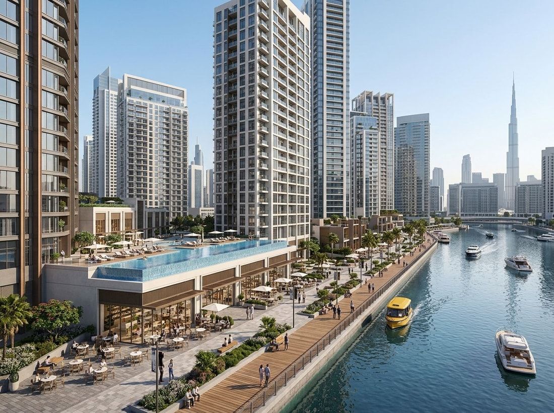Nadwodna promenada z kawiarniami i basenem wzdłuż Dubai Canal w Peninsula