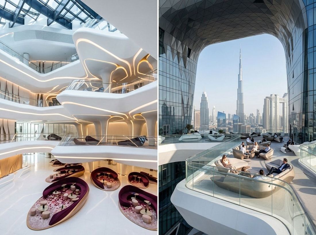 Lobby i rooftop lounge hotelu ME Dubai w The Opus