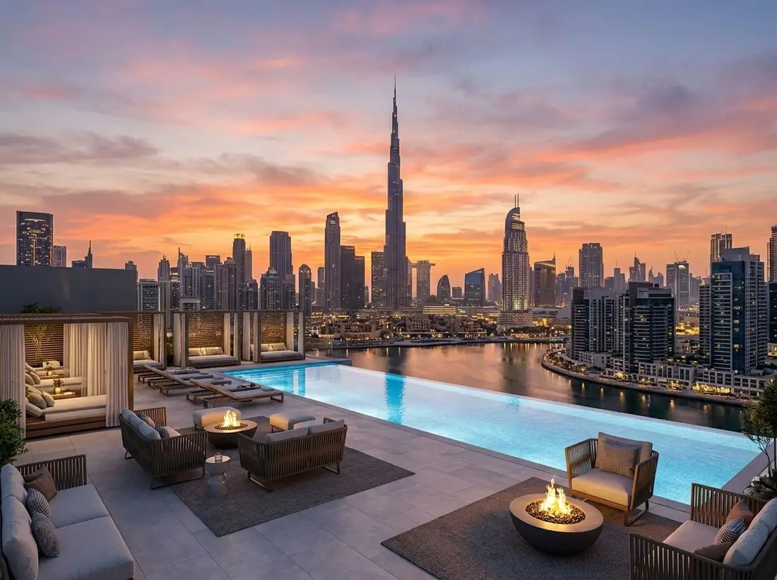 Basen na dachu z widokiem na Burj Khalifa w Sol Bay