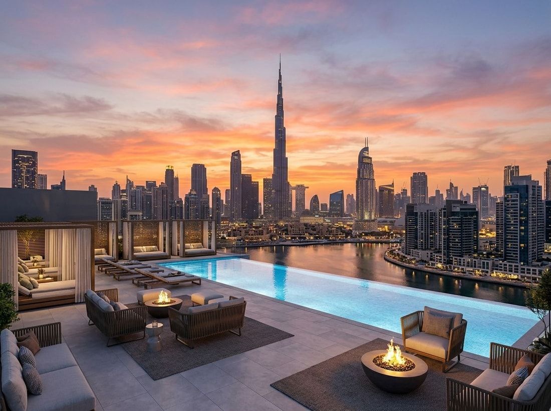 Basen na dachu z widokiem na Burj Khalifa w Sol Bay