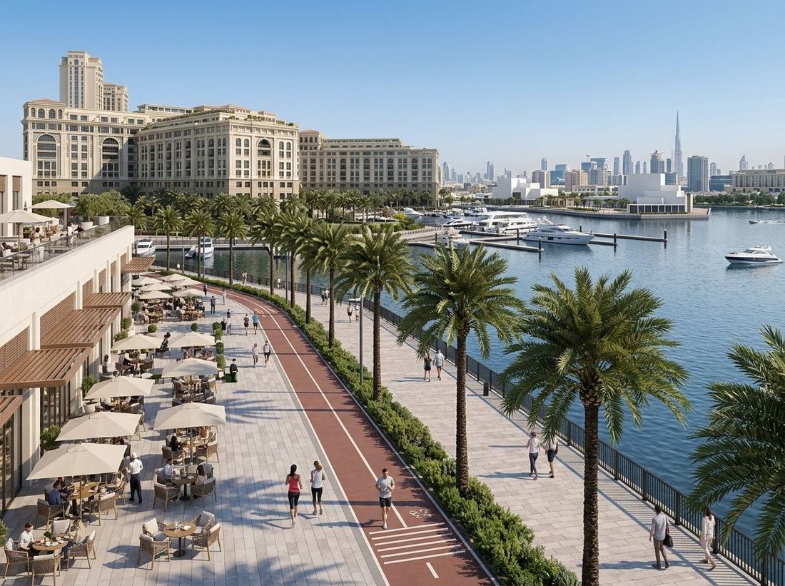 Nadwodna promenada z palmami i kawiarniami w Jaddaf Waterfront