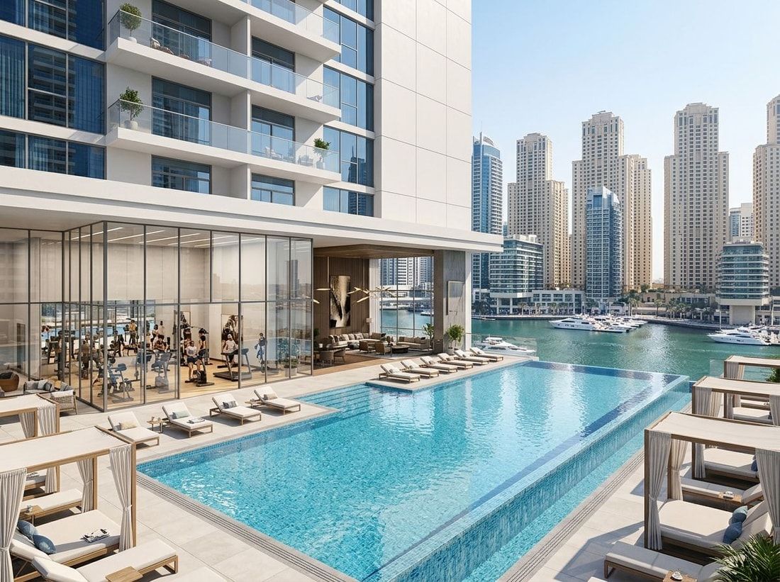 Basen na podium, siłownia i lounge z widokiem na Dubai Marina w Studio One