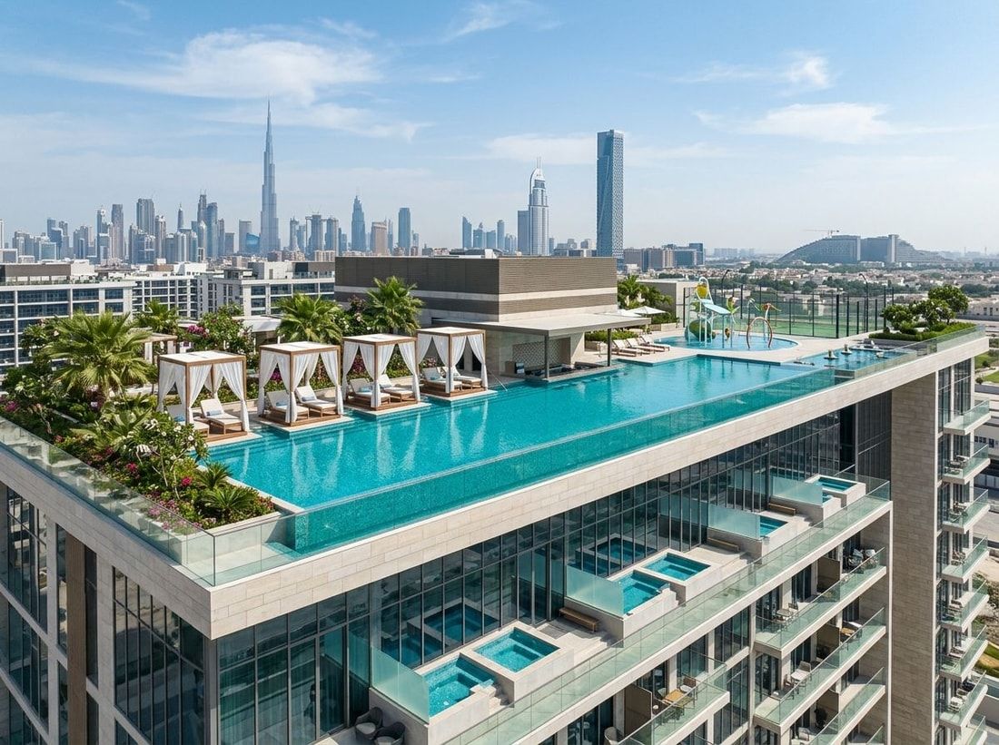 Basen infinity z cabanami na resortowym tarasie Trinity Residences