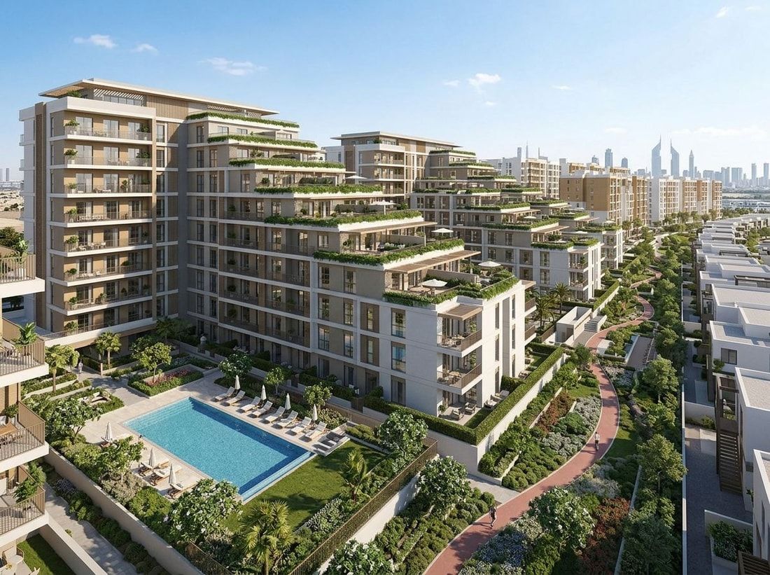 Ogród z basenem i ścieżką biegową w Hillside Residences