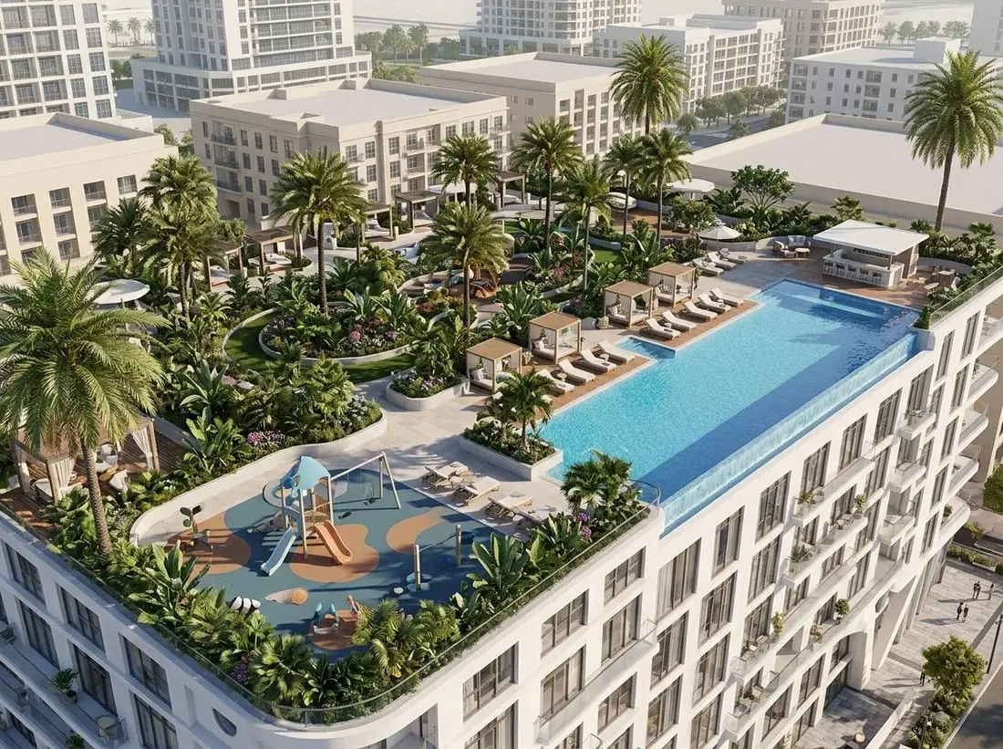 Basen na dachu z ogrodem i strefą zabaw dla dzieci w Avana Residences