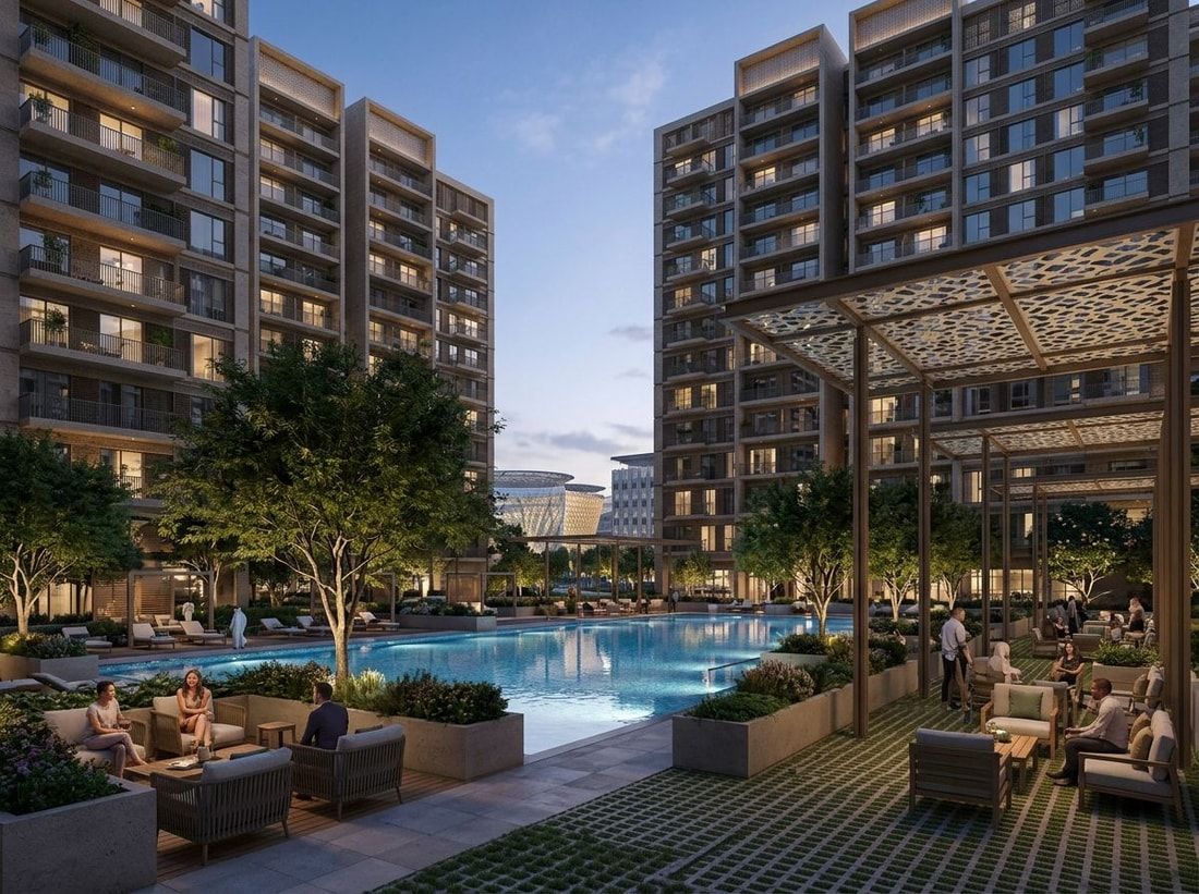 Zacieniony dziedziniec z basenem i drzewami w Sidr Residences