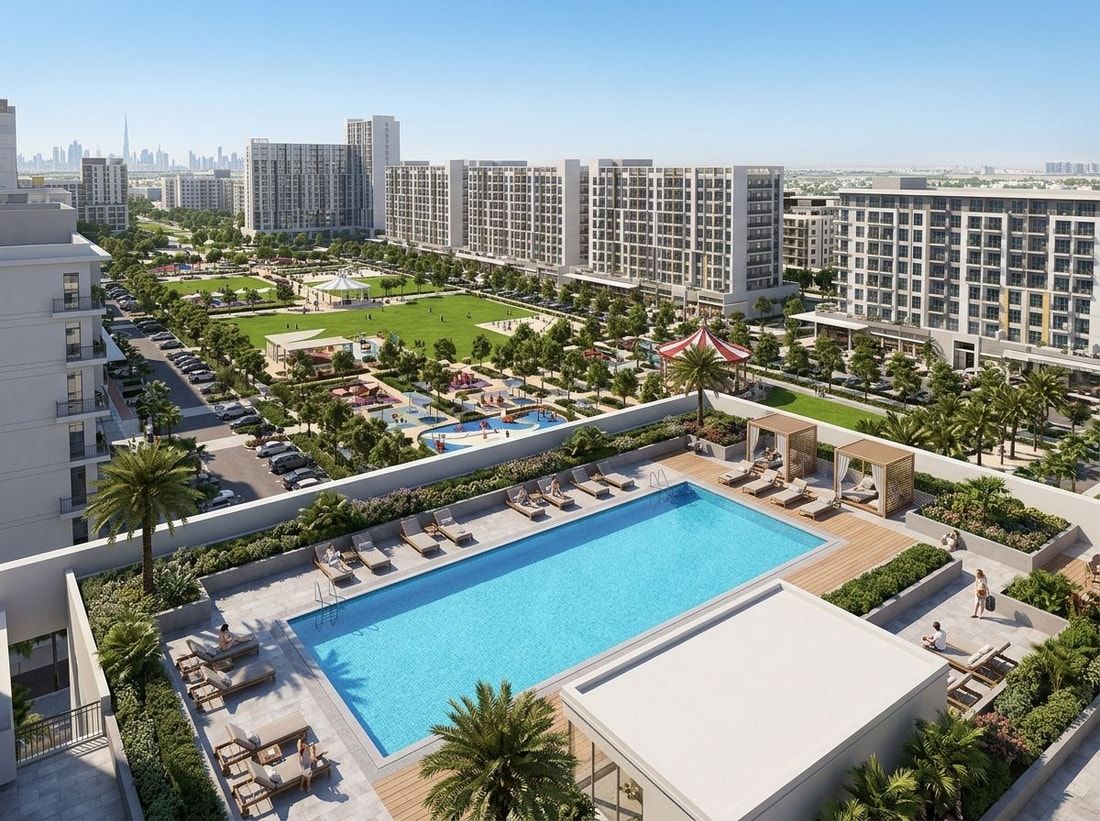 Basen na dachu i taras z widokiem na park w UNA Apartments
