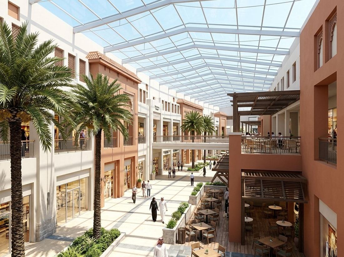 Atrium centrum handlowego ze sklepami i kawiarniami w Uptown Mirdiff