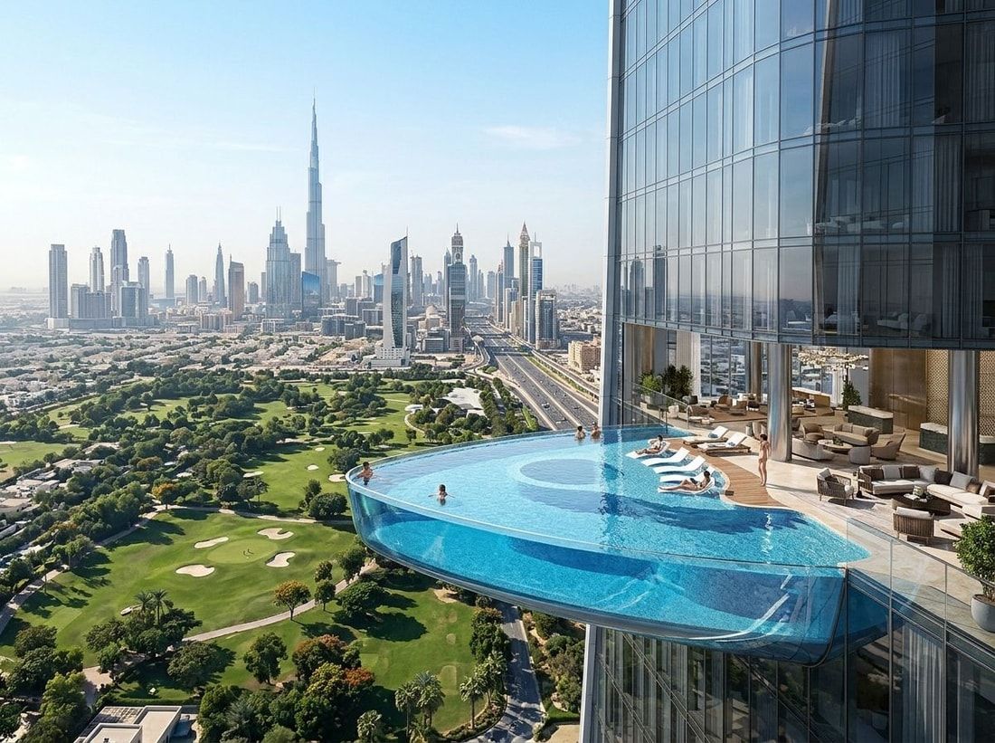 Basen i lounge z widokiem na Safa Park i skyline