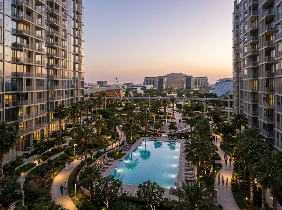 Park z basenem i trasami spacerowymi w Mangrove Residences