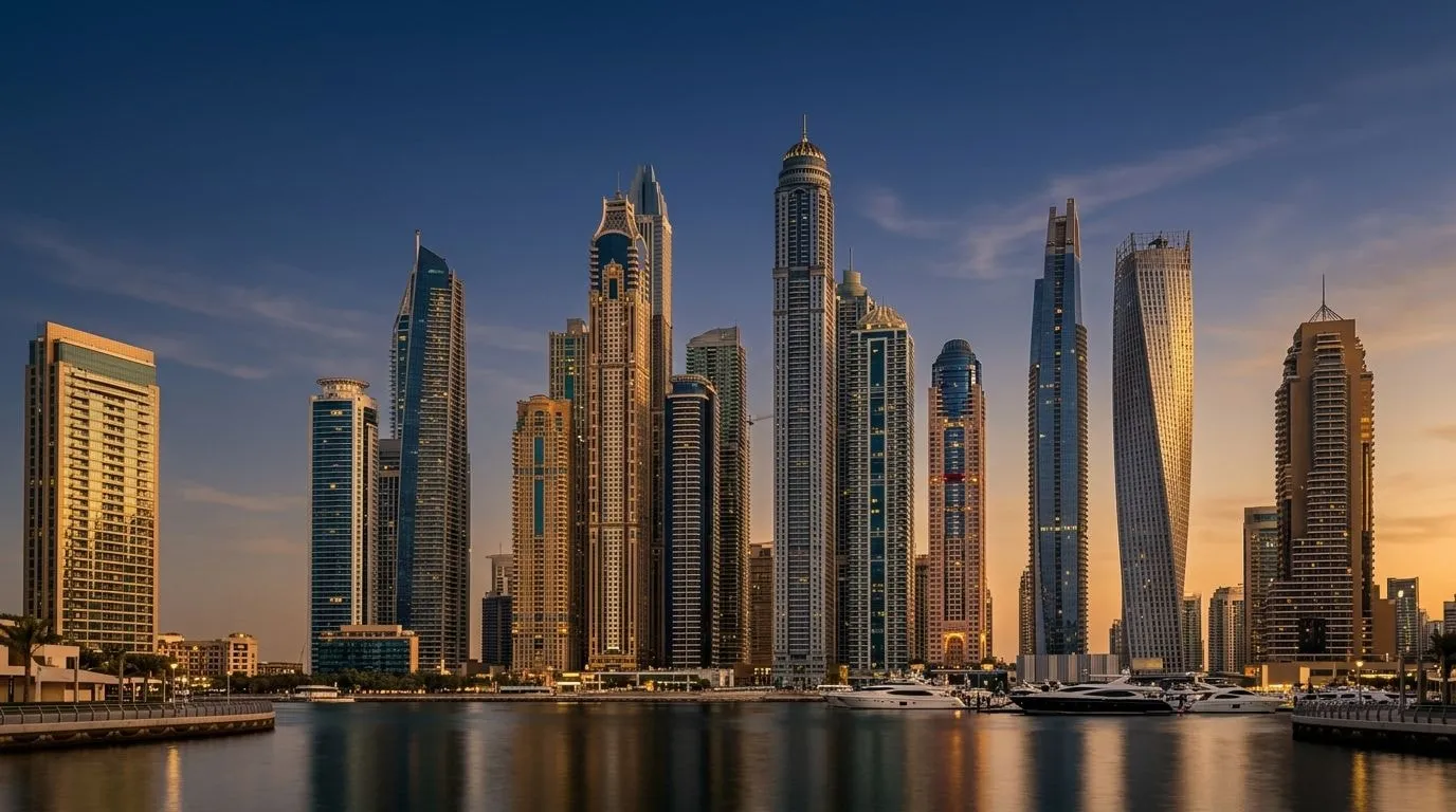 Panorama nowoczesnych apartamentowców w Dubaju o zachodzie słońca z widokiem na skyline