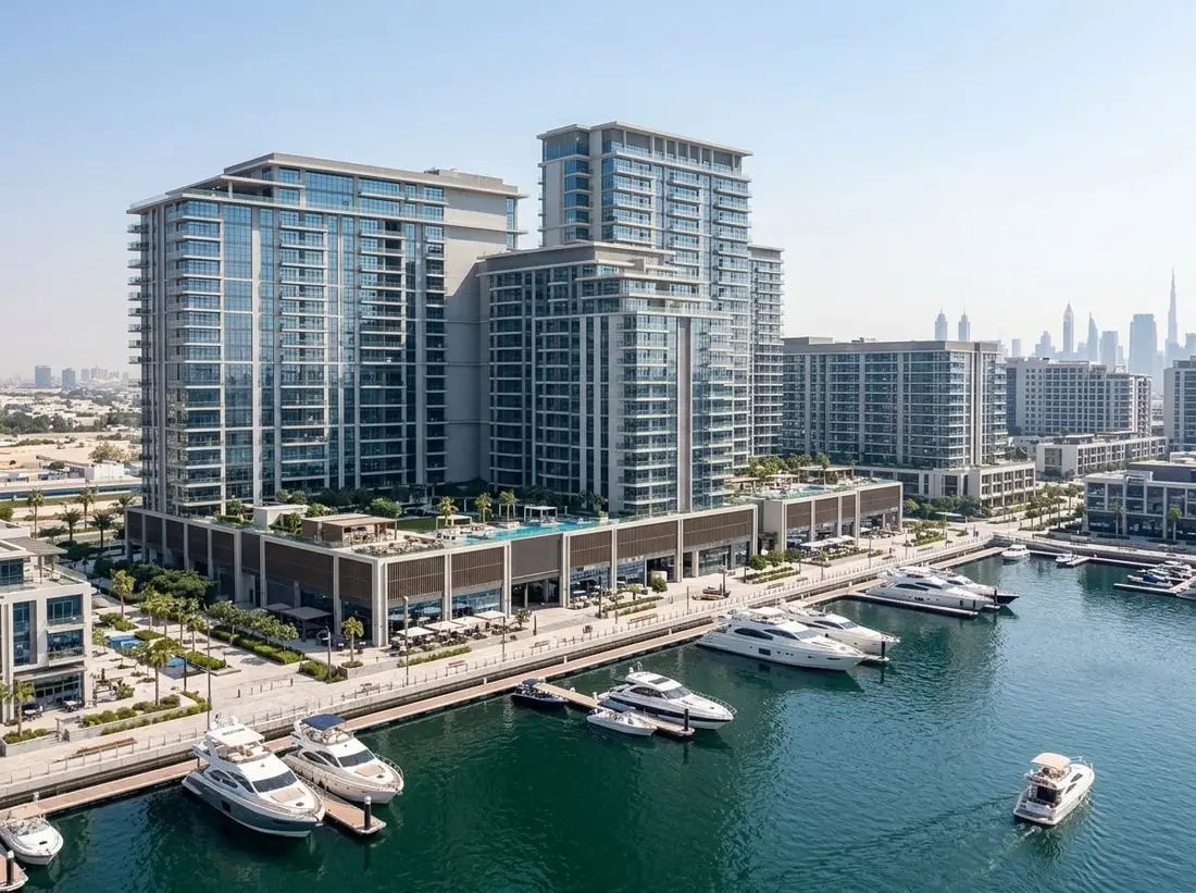 Nadmorskie wieże mieszkalne wzdłuż mariny Rashid Yachts & Marina